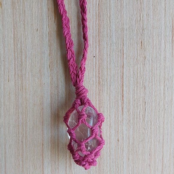 Macrame, Quartz Pink Hemp Necklace Handcrafted - Picture 10 of 13